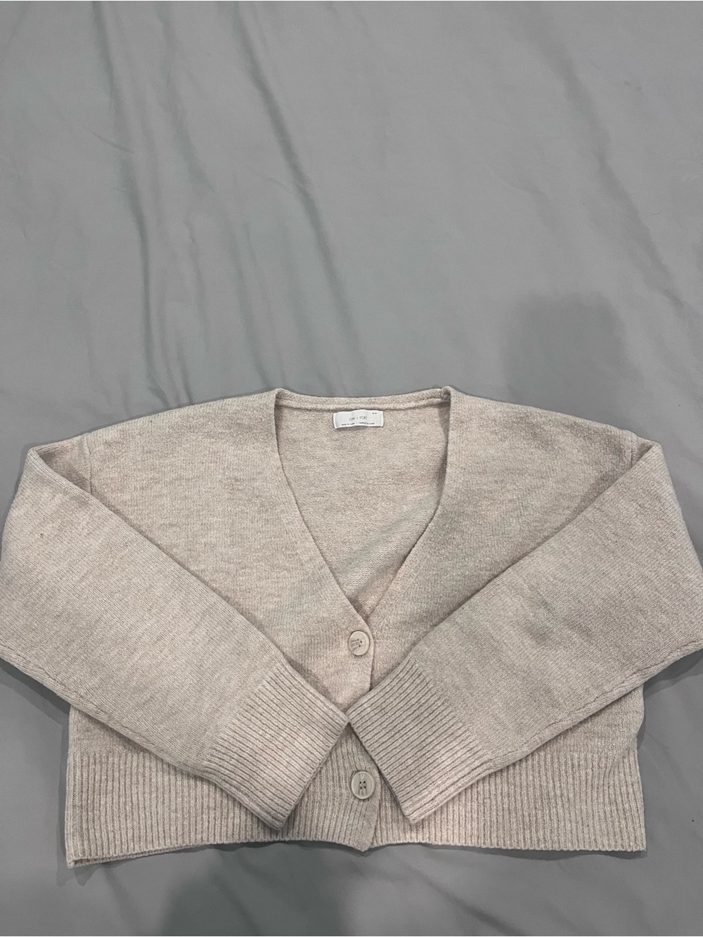 Classic V-Neck Cropped Cardigan Sweater in Light Beige